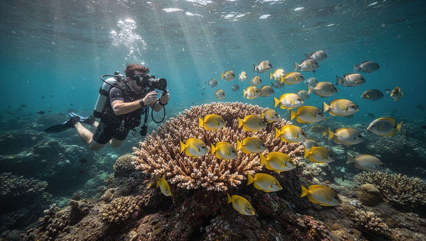 An underwater photographer watches yellow tangs beside a coral reef in clear blue water.