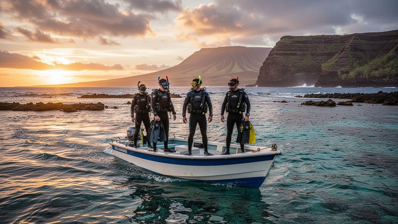 A small boat approaches calm Kona reef waters at sunset, with four people in snorkel gear preparing to enter the clear blue ocean amid gentle waves and distant volcanic cliffs in cinematic dramatic lighting.