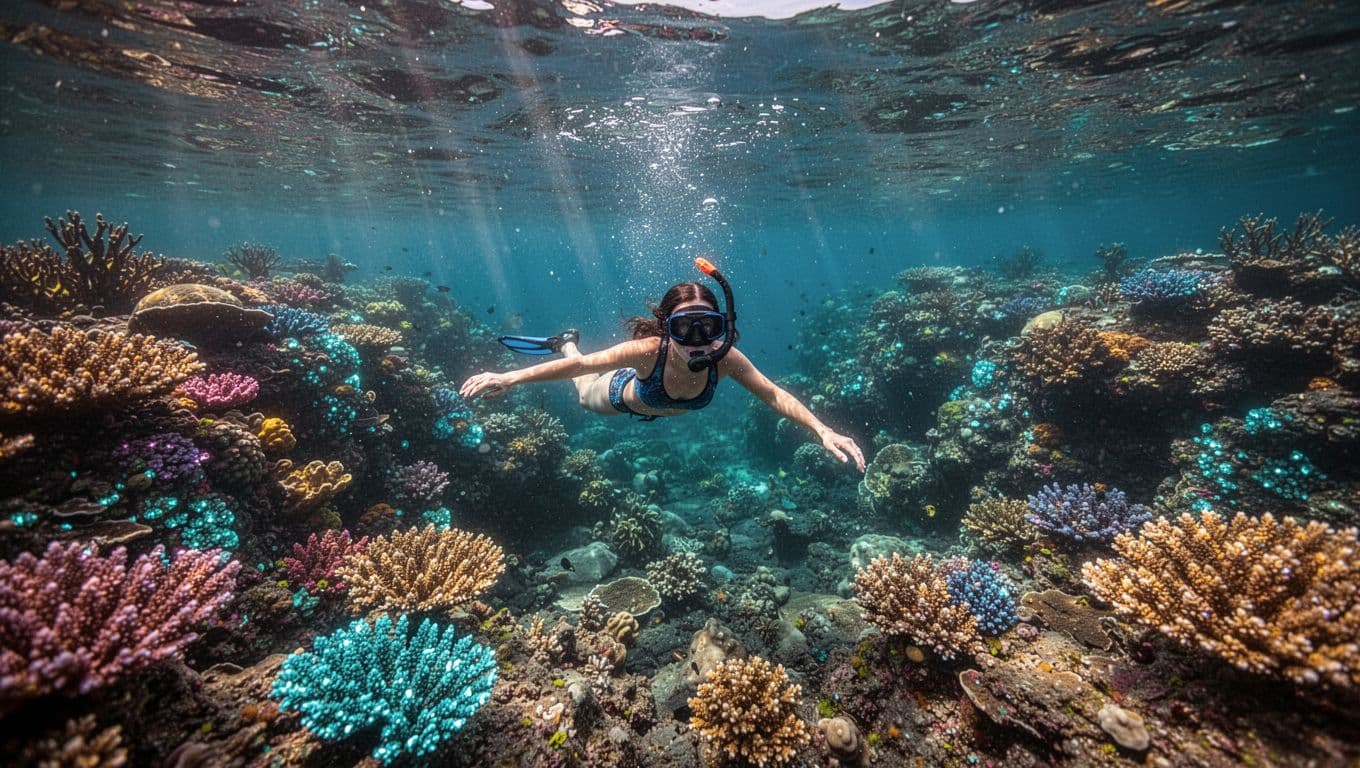 A snorkeler explores a vibrant coral reef in clear blue Hawaiian water.