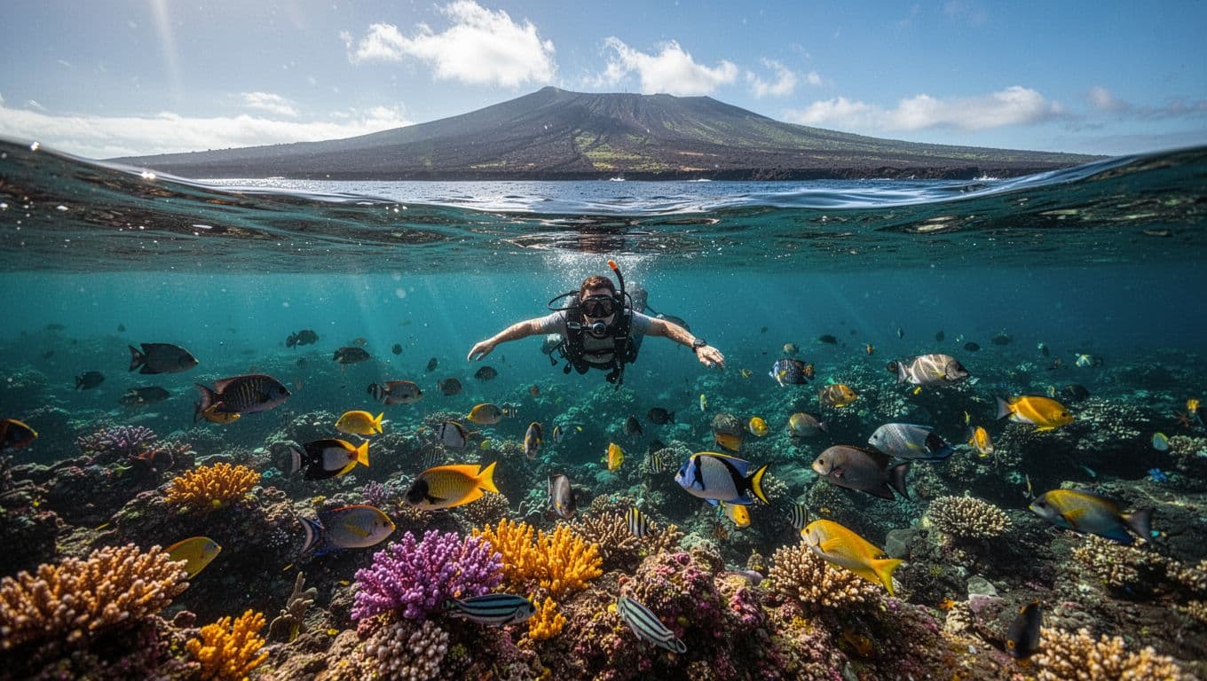 Snorkeler floats above clear turquoise Kona reef waters with colorful fish and coral, volcanic coast distant on sunny day.
