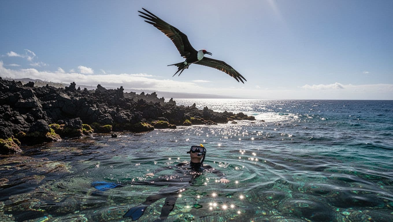 A snorkeler floats above a dark reef as one frigatebird glides over the Kona coast.