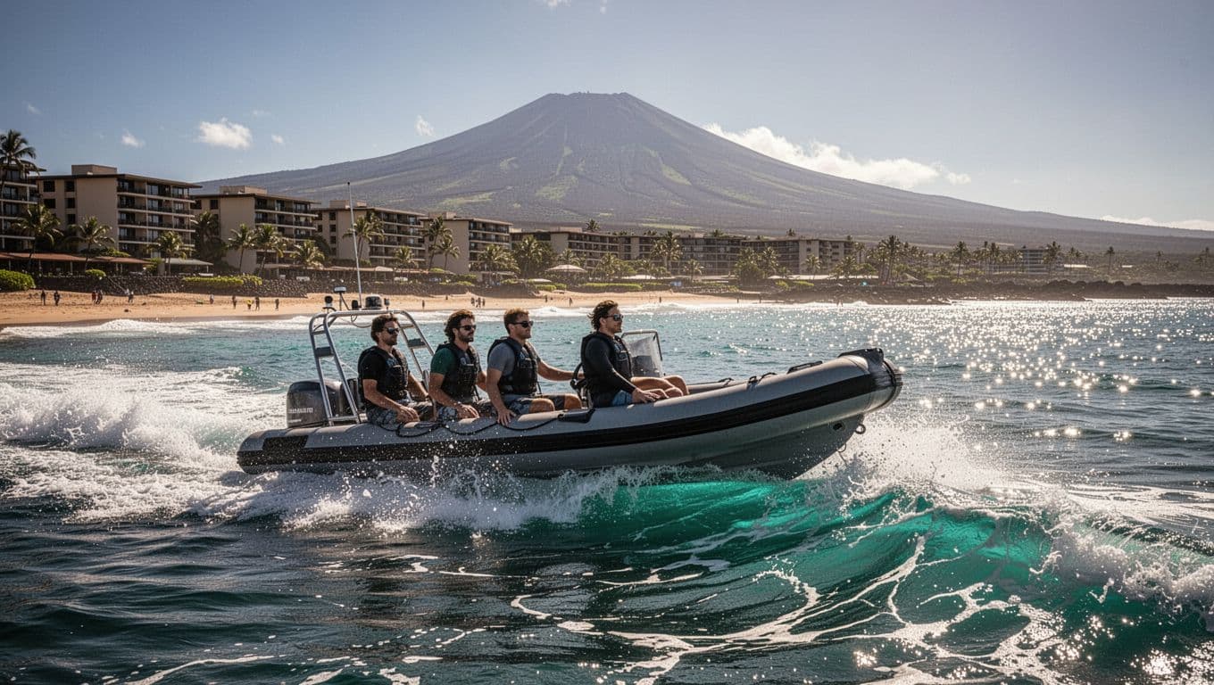 Rigid inflatable boat cruising fast along sunny Kona coastline with Kailua-Kona beach hotels in foreground and Mauna Loa volcano backdrop, dynamic ocean waves spray in cinematic style.