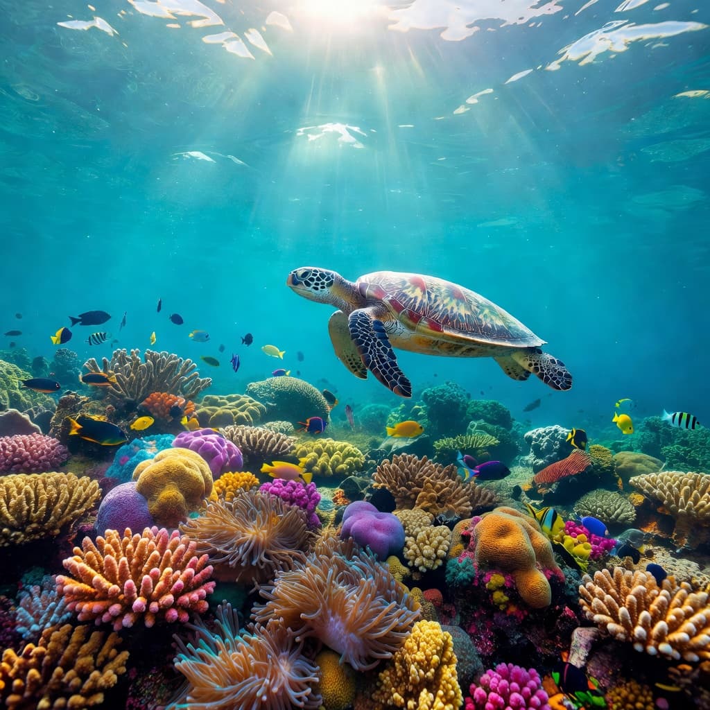 A graceful green sea turtle glides above a vibrant coral reef in clear cyan water. Sunbeams pierce the surface, casting rippling light patterns across the colorful aquatic landscape below the turtle.