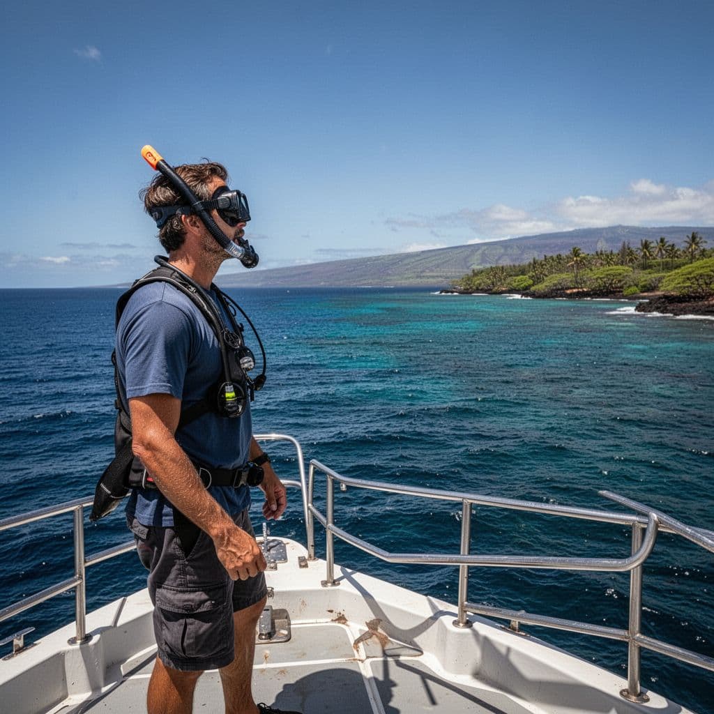A boat captain stands on the wooden deck scanning the vibrant blue horizon for a perfect snorkeling spot. The bright Hawaiian sun illuminates the clear turquoise water along the coastline.
