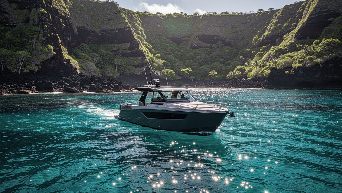 Modern snorkel boat on turquoise water with green volcanic cliffs behind it.