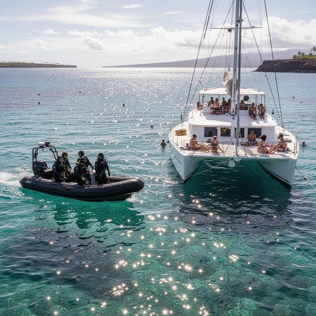 A nimble black zodiac raft floats on the left side of a sunlit turquoise bay, while a larger white catamaran carrying passengers is anchored in the distance on the right side.