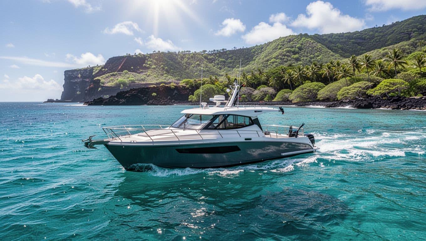 A modern snorkel boat cruises near a lush green volcanic coast on bright turquoise water.