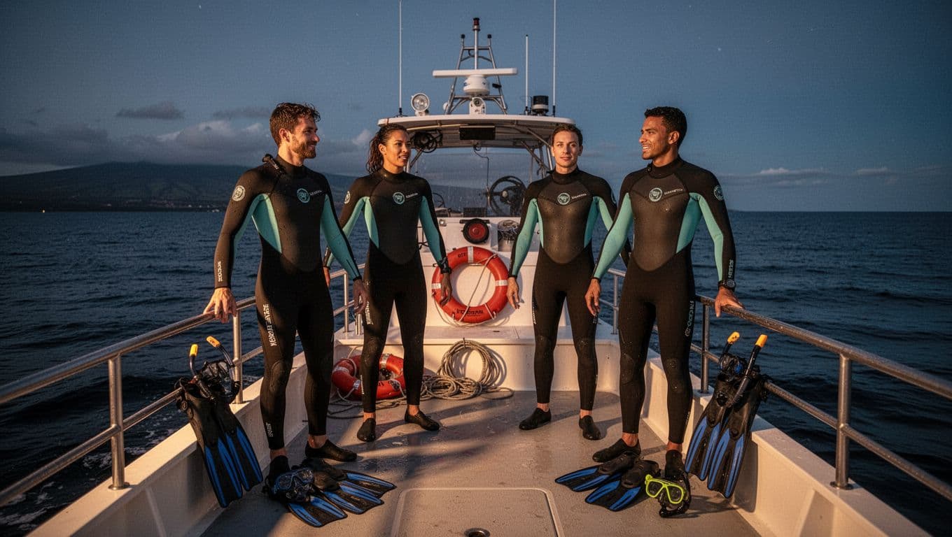Four adventurers in wetsuits stand relaxed on snorkel boat deck at twilight off Kona coast, holding masks with fins nearby.