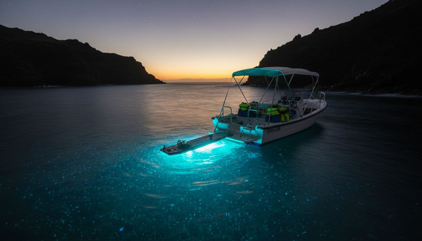 Small snorkel boat anchored at dusk off Kona black lava coast with blue-glowing lighted board in water.