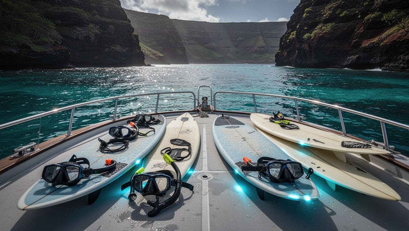 Snorkel gear and glowing boards arranged on a boat deck over bright blue water.