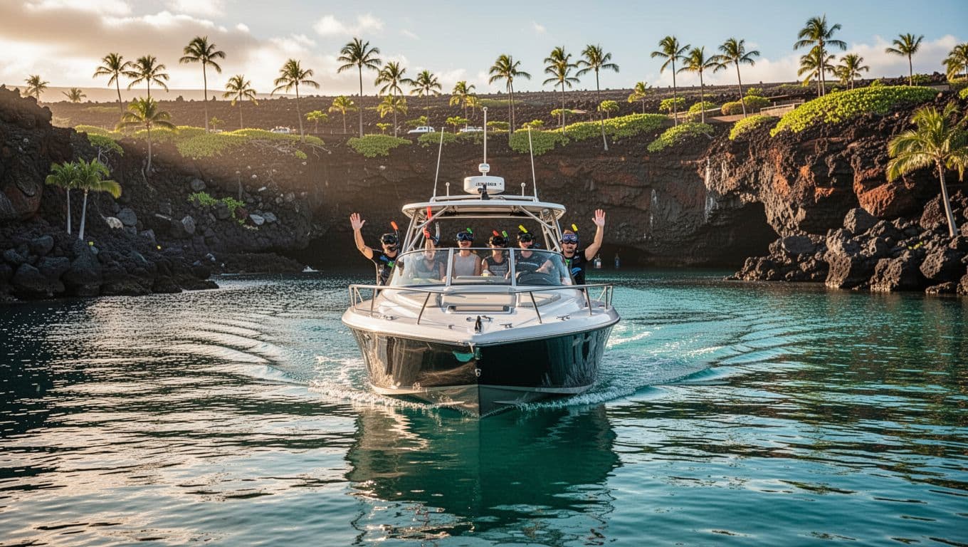 Sleek snorkel boat glides from Honokohau Marina in Kona with four passengers waving from deck, turquoise ocean, volcanic cliffs, and palm trees in morning light.