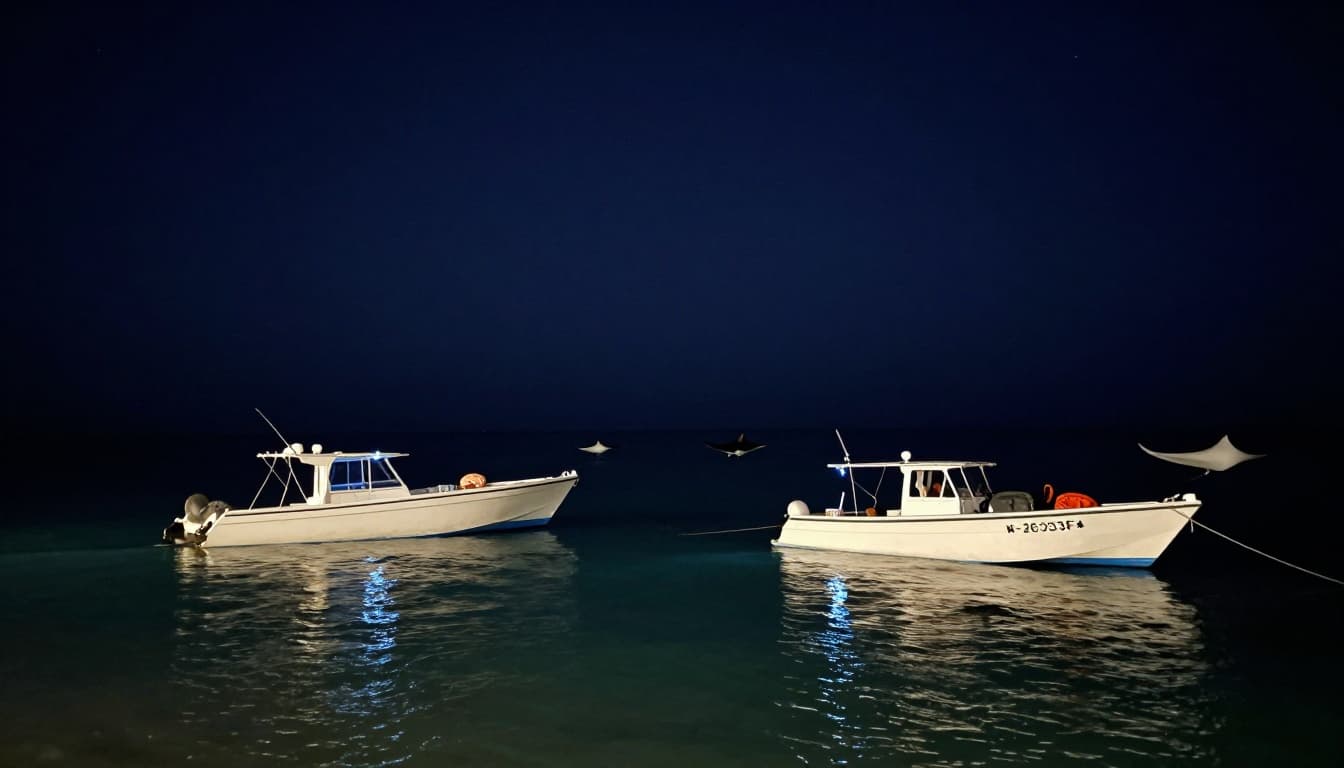 Lit deck of anchored snorkel boat near manta cleaning station, calm sea with underwater manta silhouettes, starry sky.