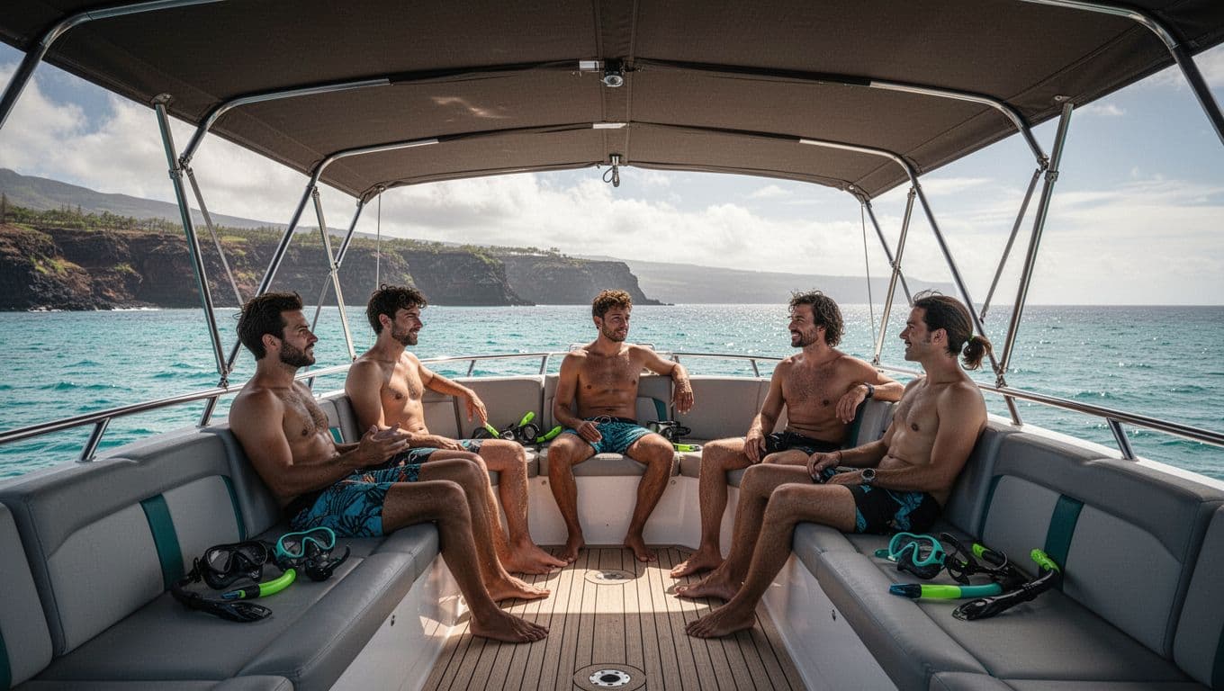 Three passengers lounge on padded seats under bimini shade on snorkel boat deck, turquoise ocean visible.