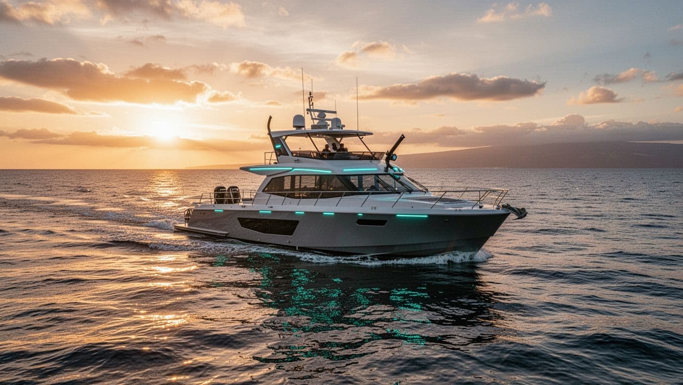 A snorkel boat with cyan deck lights cruises the Kona coast at sunset.