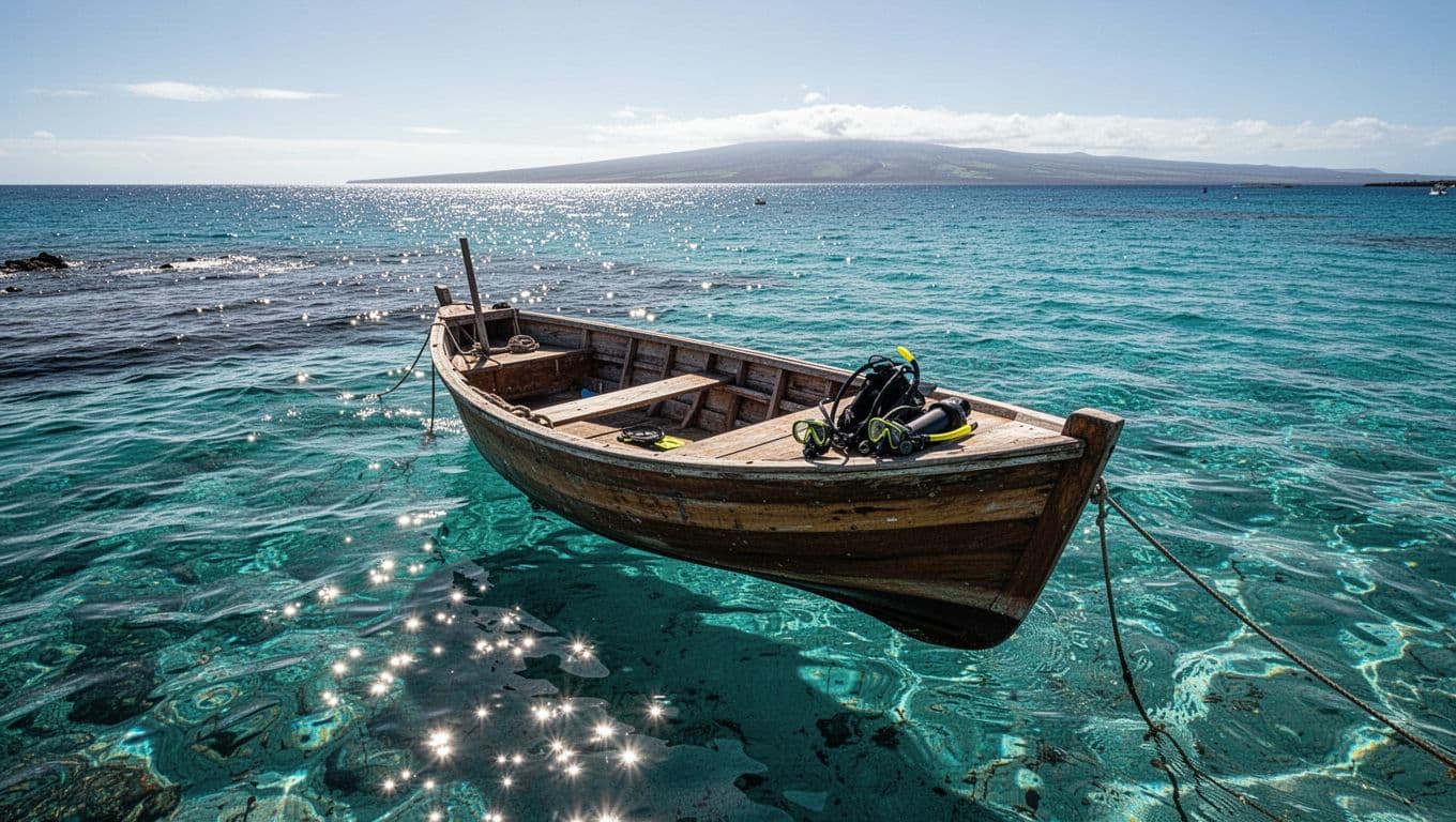 A boat with snorkel gear anchored in clear cyan waters off Kona, Hawaii.