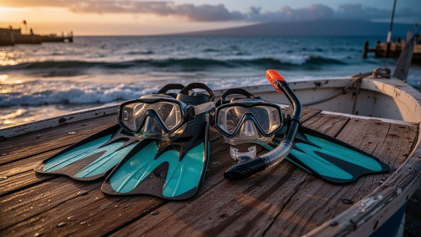 Snorkeling fins, mask, and snorkel on wooden boat deck at dusk with calm ocean waves.