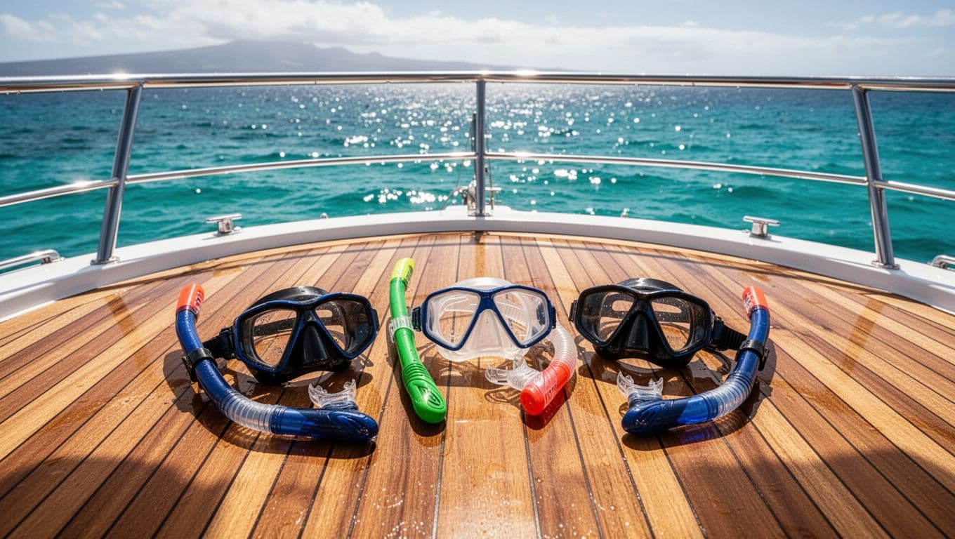 Snorkel masks, fins, and gear arranged on a teak boat deck above blue water.
