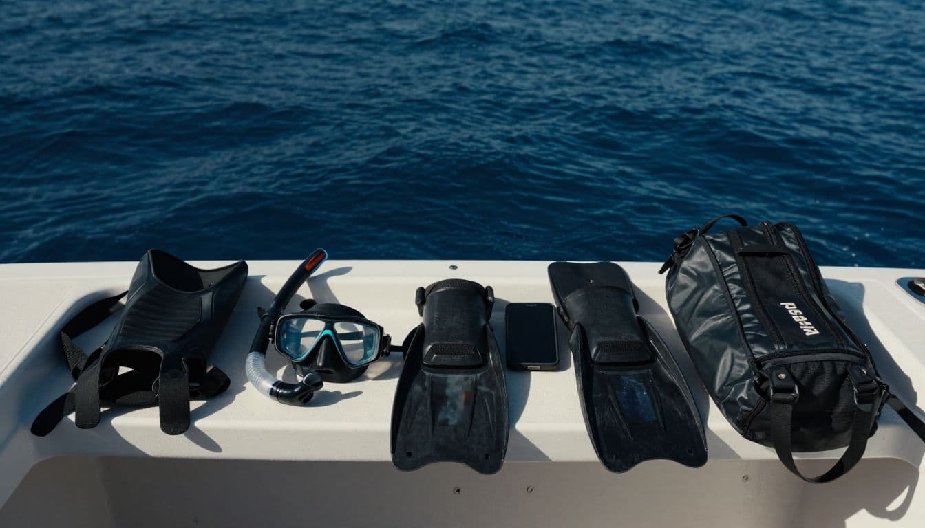 Snorkeling gear sits on a boat bench beside an empty outlined space.
