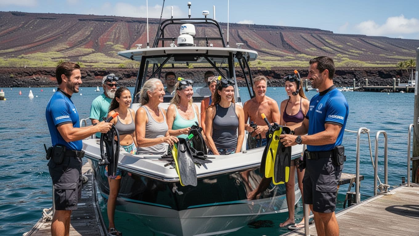 Eight diverse travelers board sleek snorkel boat at Honokohau Marina as guides hand out gear.
