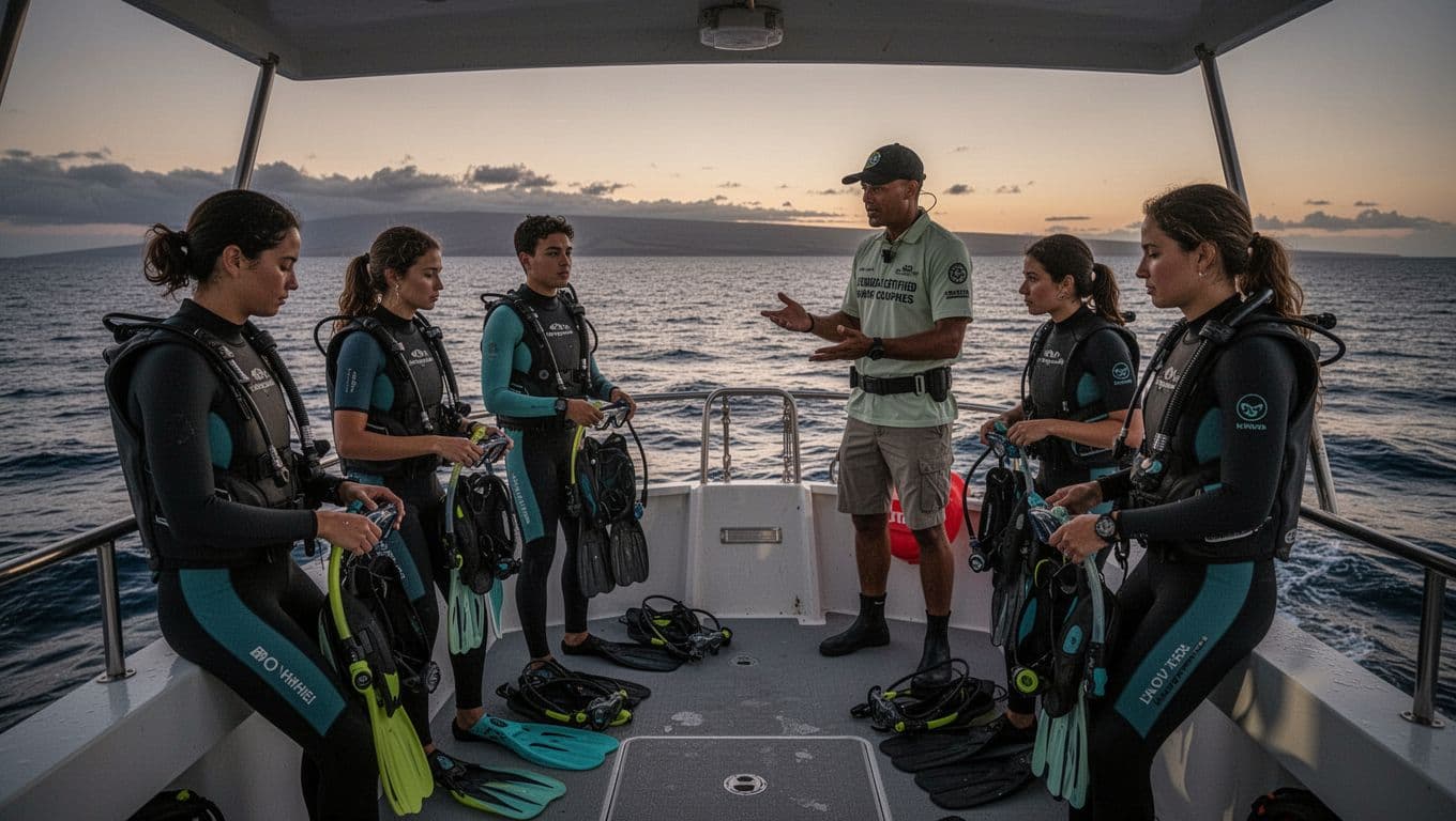 Five people on boat deck at dusk off Kona prepare snorkel gear as guide briefs them, calm ocean horizon.