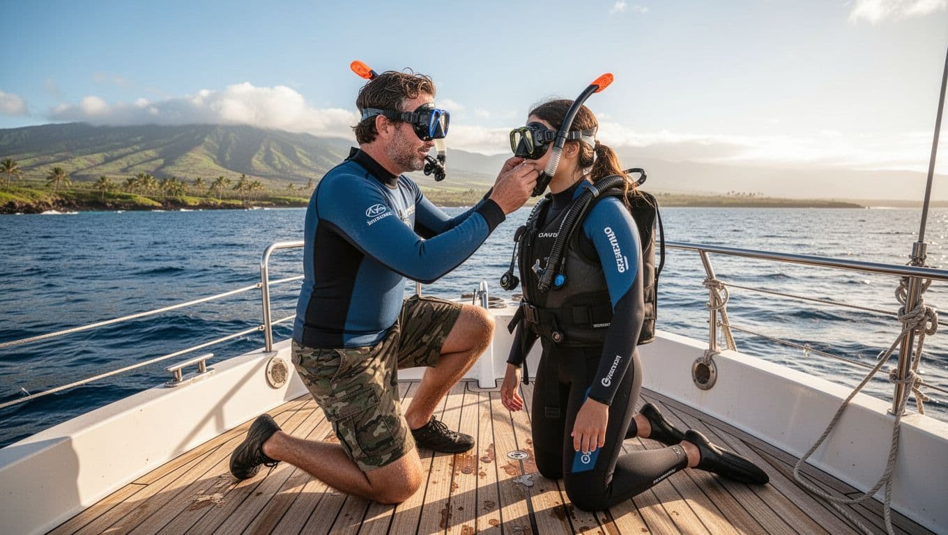 A friendly guide in an ocean-themed shirt kneels on a boat deck, carefully adjusting a snorkel mask for a guest. The beautiful Kona coastline glows brightly under a clear sunny sky.