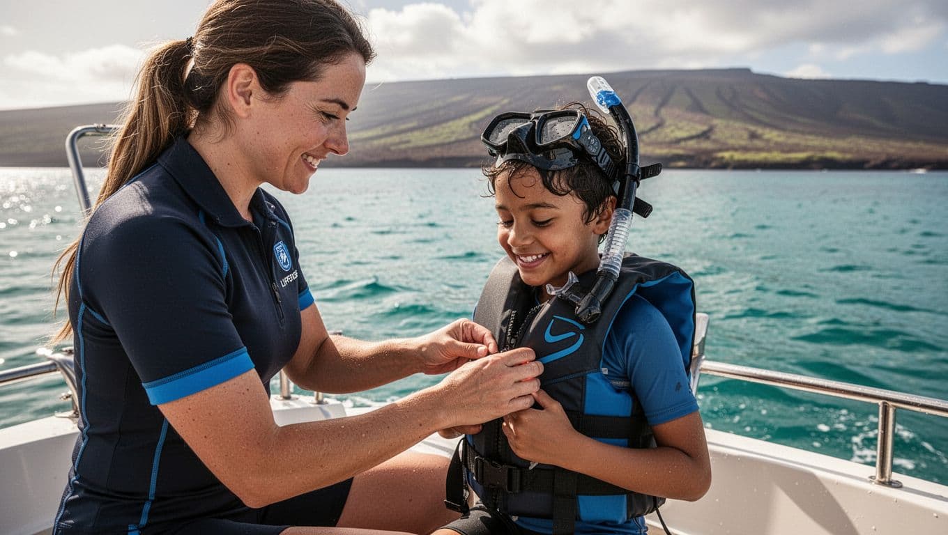 A professional lifeguard-certified guide on a snorkel boat in Kona, Hawaii, helps a smiling family of two adults and two children don life jackets before snorkeling, with calm turquoise ocean and volcanic coastline in the background, cinematic style.