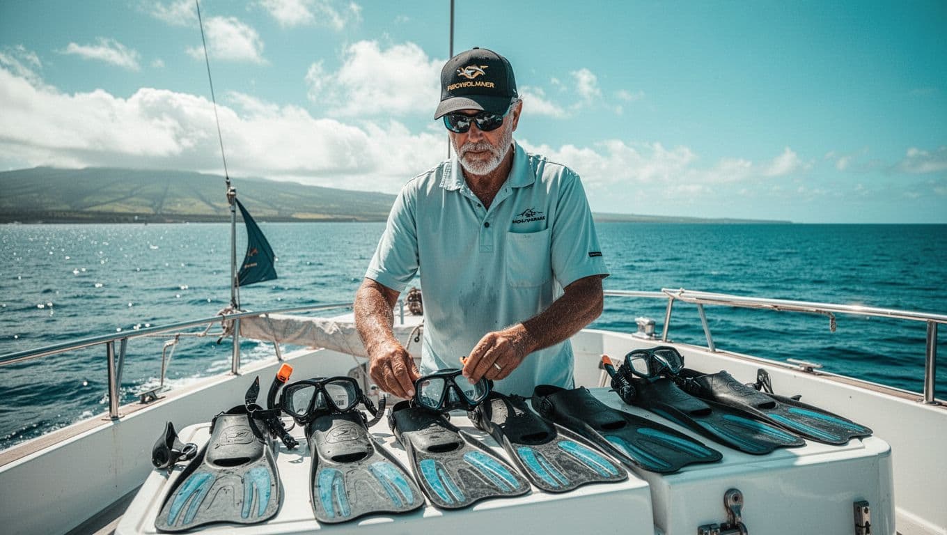 A professional guide on a boat deck carefully checks snorkeling fins and masks under bright sunlight. The azure ocean provides a vivid backdrop while equipment sits organized near the railing.