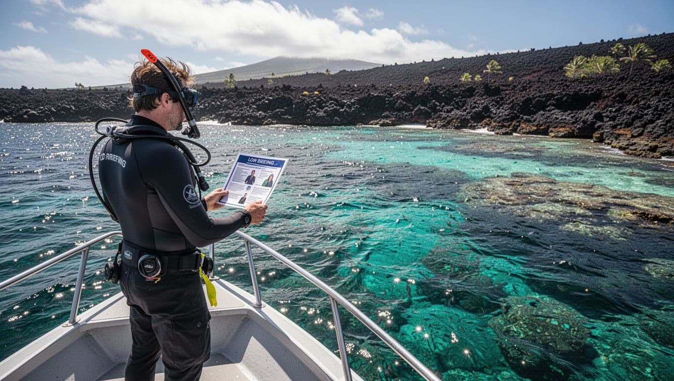 A snorkel guide stands at a boat's stern above a clear volcanic reef.