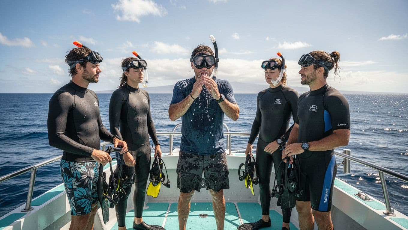 Guide on sunny Kona boat deck demonstrates mask clearing to three adventurers holding gear, ocean horizon behind.