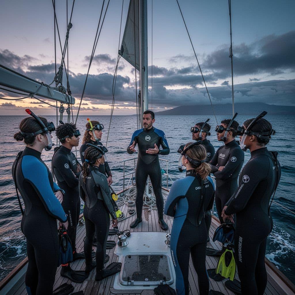 Diverse group in wetsuits stands on boat deck at dusk, listening to guide explain snorkeling safety with twilight ocean backdrop.