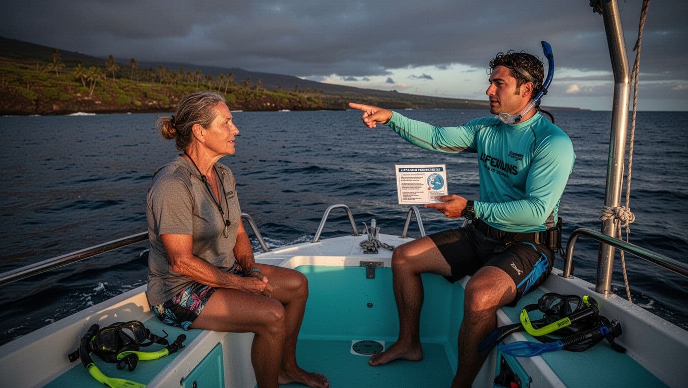 A traveler and guide prepare for snorkeling on a boat near Kona at dusk.
