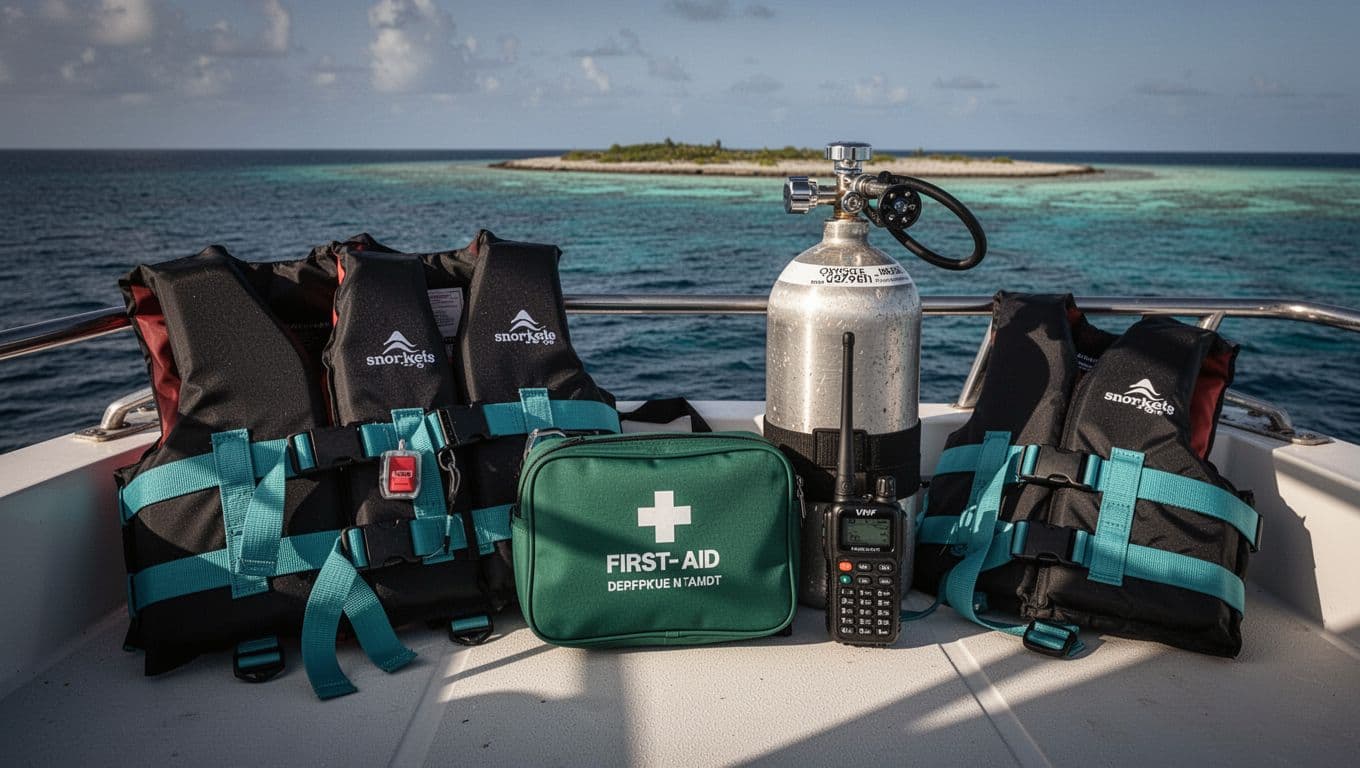 Close-up of neatly arranged life jackets, first aid kit, oxygen tank, and VHF radio on a Kona snorkel tour boat deck, with ocean horizon and reef visible in cinematic style.