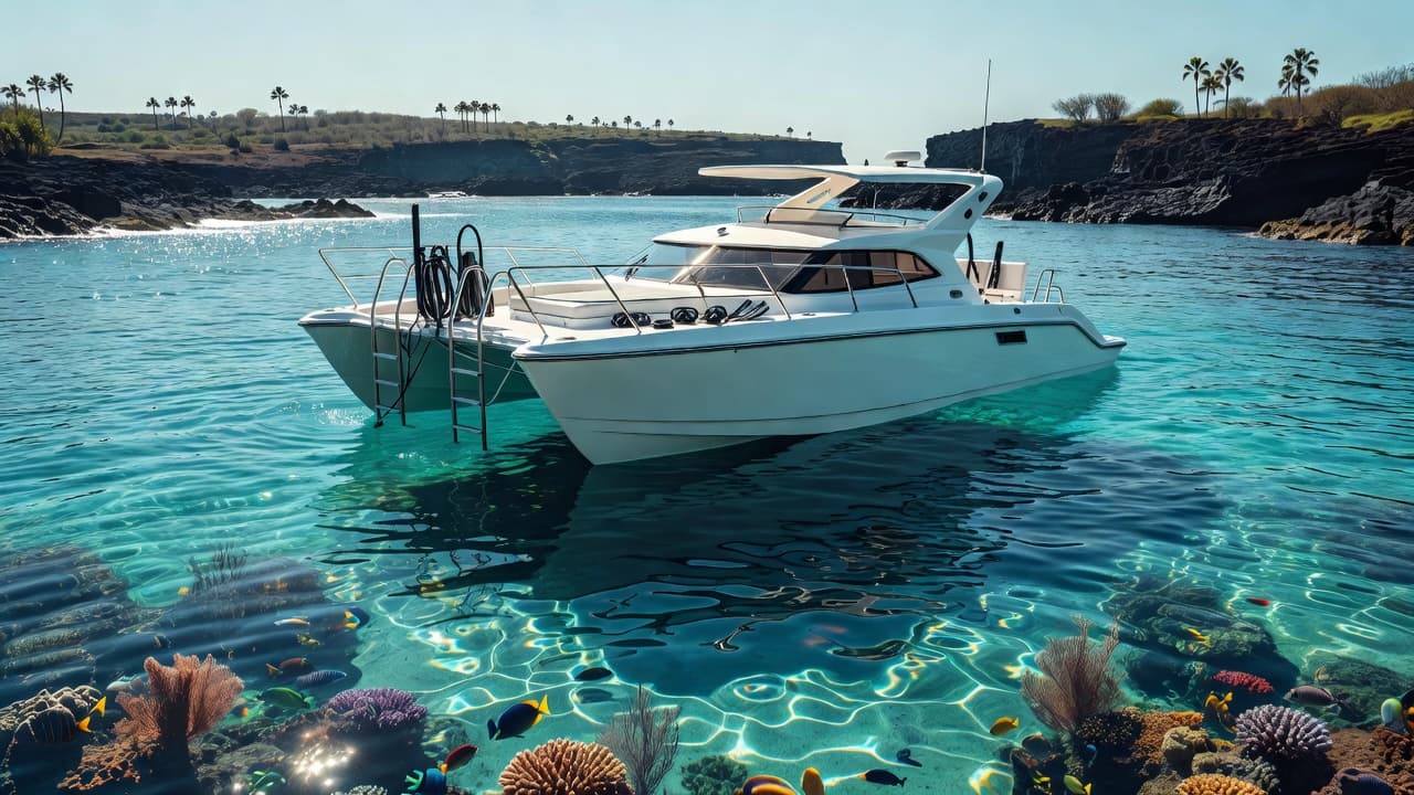 A sleek white vessel floats atop vibrant turquoise waters off the coast of Kona. Soft sunlight illuminates the hull while deep blue ocean depths transition into clear shallows beneath the keel.