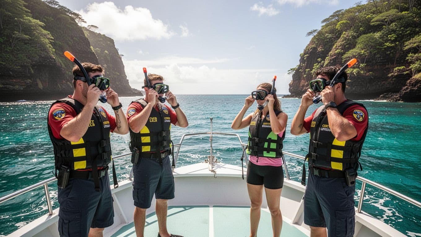 Four people on sunny tour boat deck off Kona coast adjust snorkel masks, ocean horizon and lush cliffs behind.