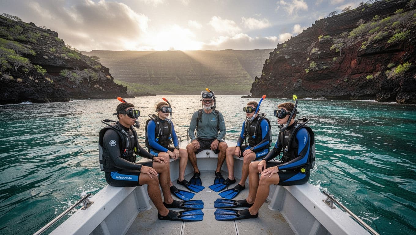 Group of four snorkelers and a guide on a small boat heading to Kealakekua Bay off the Kona coast, surrounded by turquoise waters and volcanic cliffs under morning light with the sun rising over the ocean.
