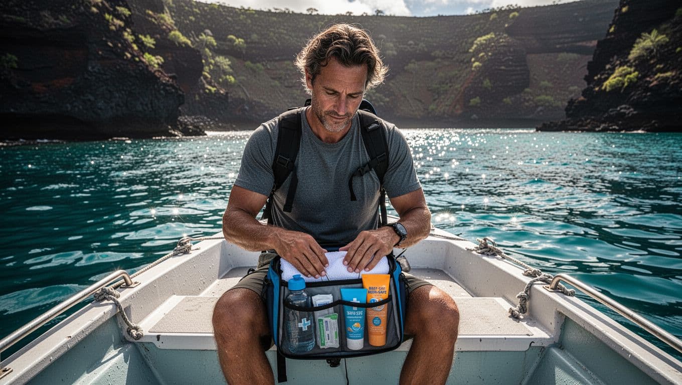 Traveler checks an organized dry bag beside supplies on a snorkeling boat.