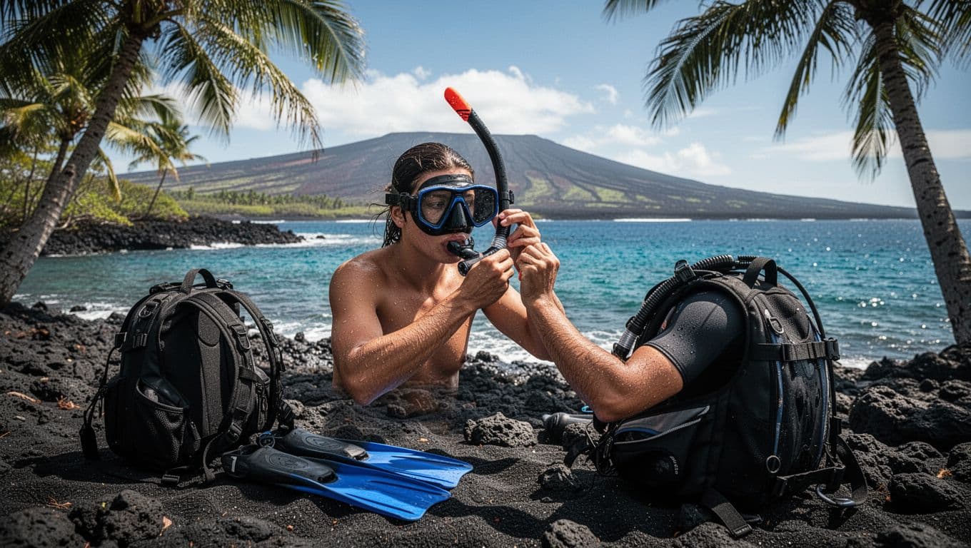 A solo snorkeler on a black lava rock beach in Kona, Hawaii, adjusts their personal mask and snorkel before entering the clear ocean, with backpack and fins nearby, palm trees, and volcano horizon.