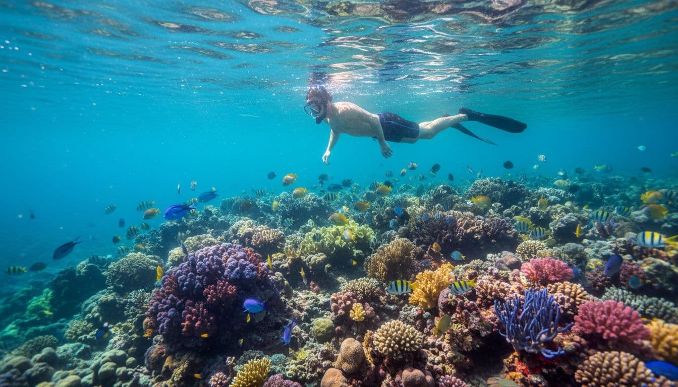 Solo snorkeler with mask and fins swims above colorful coral reefs and tropical fish in turquoise waters.
