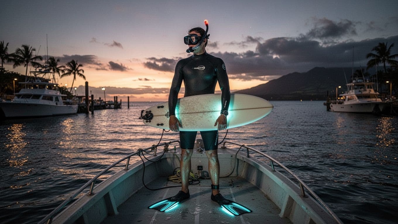 A solo snorkeler in a shorty wetsuit, mask, snorkel, and fins stands relaxed on a small boat deck at dusk in Kona, Hawaii harbor, holding an illuminated board while preparing for a manta ray night snorkel, with fading sunset ocean background.