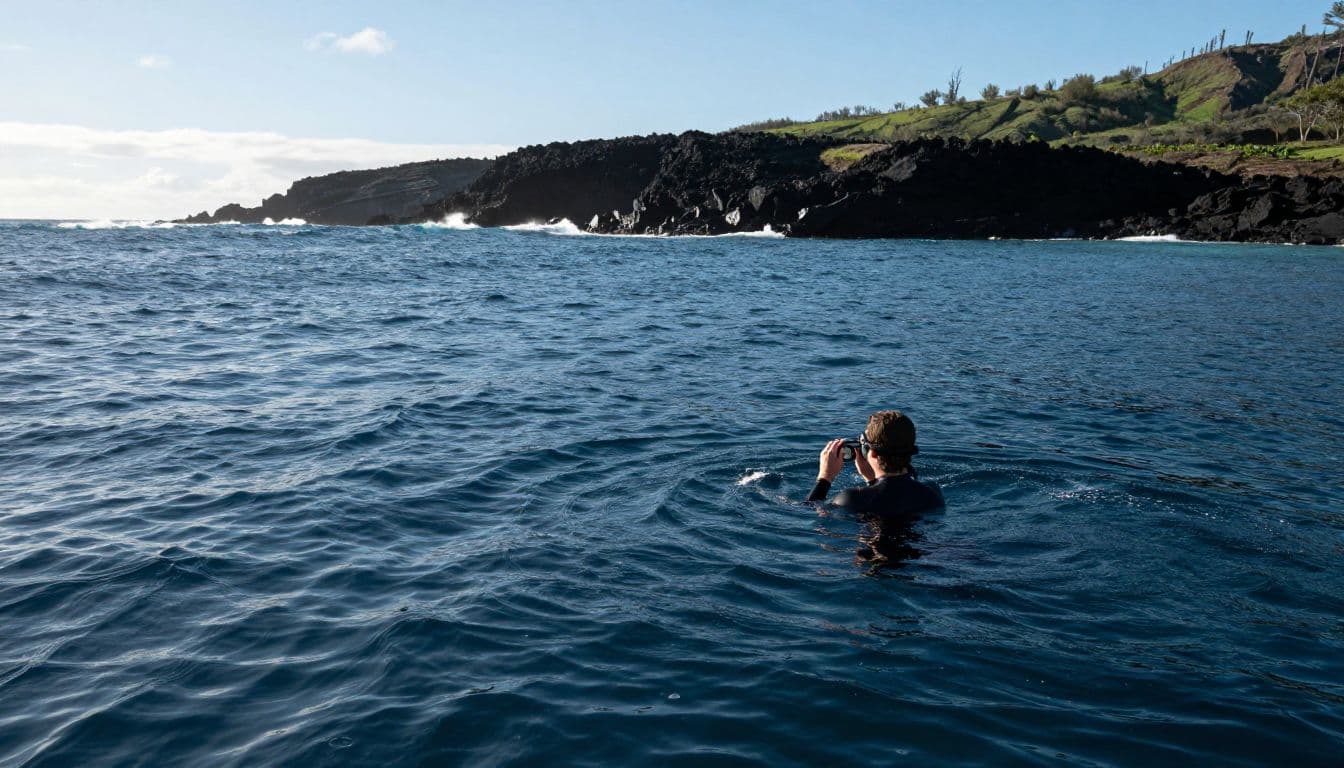 A lone snorkeler floats near the Kona coast with volcanic hills on the horizon.