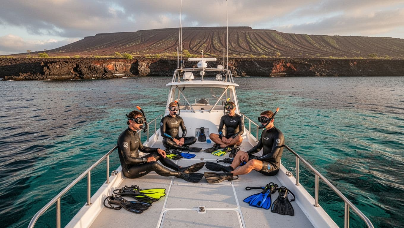 Cinematic view of four snorkelers relaxing on a boat deck off the Kona coast, surrounded by clear turquoise waters and volcanic coastline under dramatic golden hour lighting.