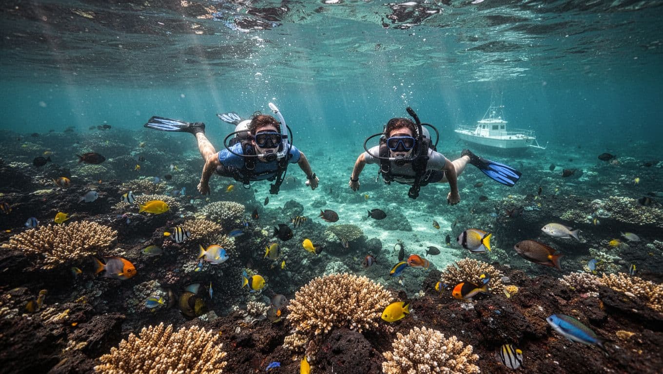 Two snorkelers swim over colorful volcanic coral reef with fish schools and anchored boat in turquoise waters.