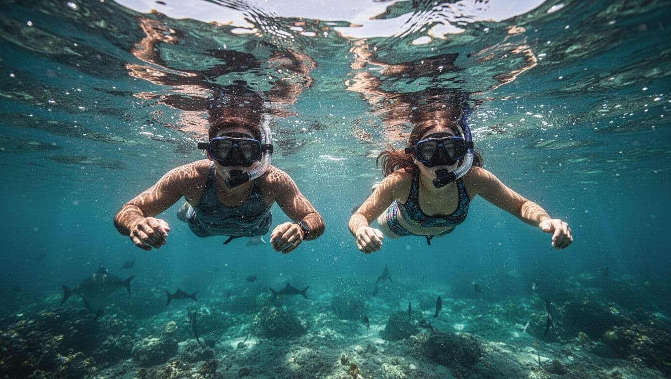 Two snorkelers float above clear cyan water while looking below.