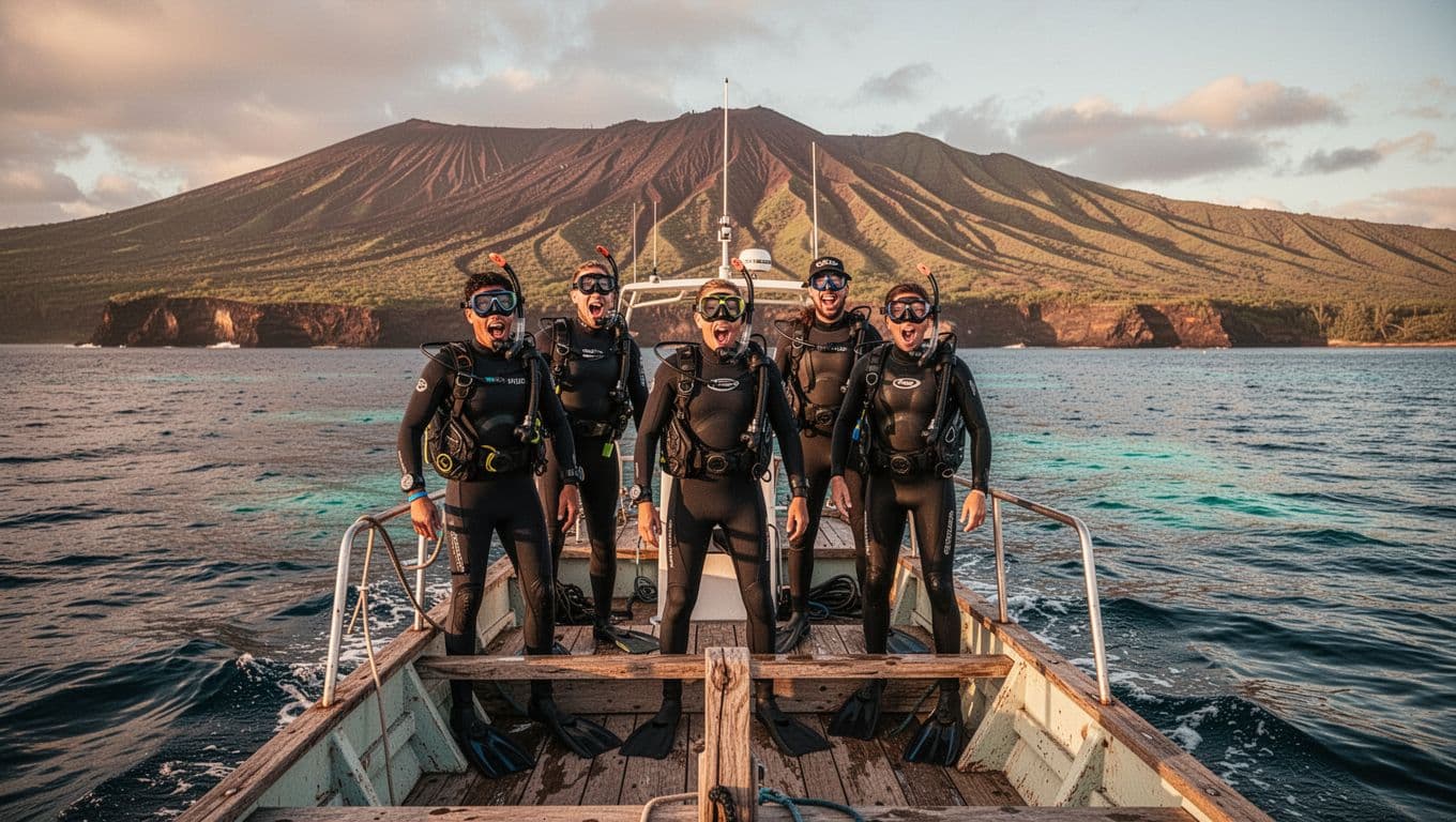 Group of four excited snorkelers and two guides on a small boat leaving Honokohau Marina at sunset for a manta ray tour, with volcanic coastline in the background and cinematic golden hour lighting.