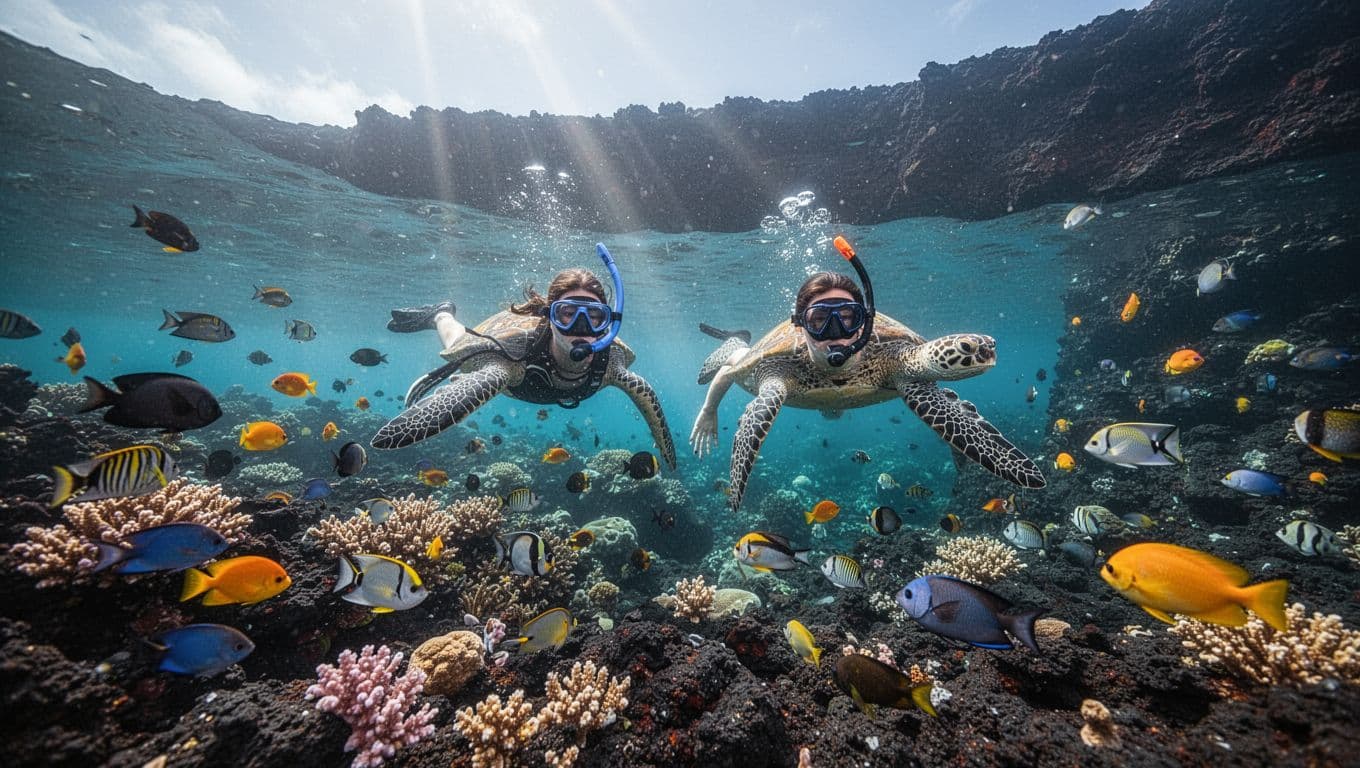 Four snorkelers swim over volcanic coral reef with fish and turtles in turquoise waters near black cliffs.
