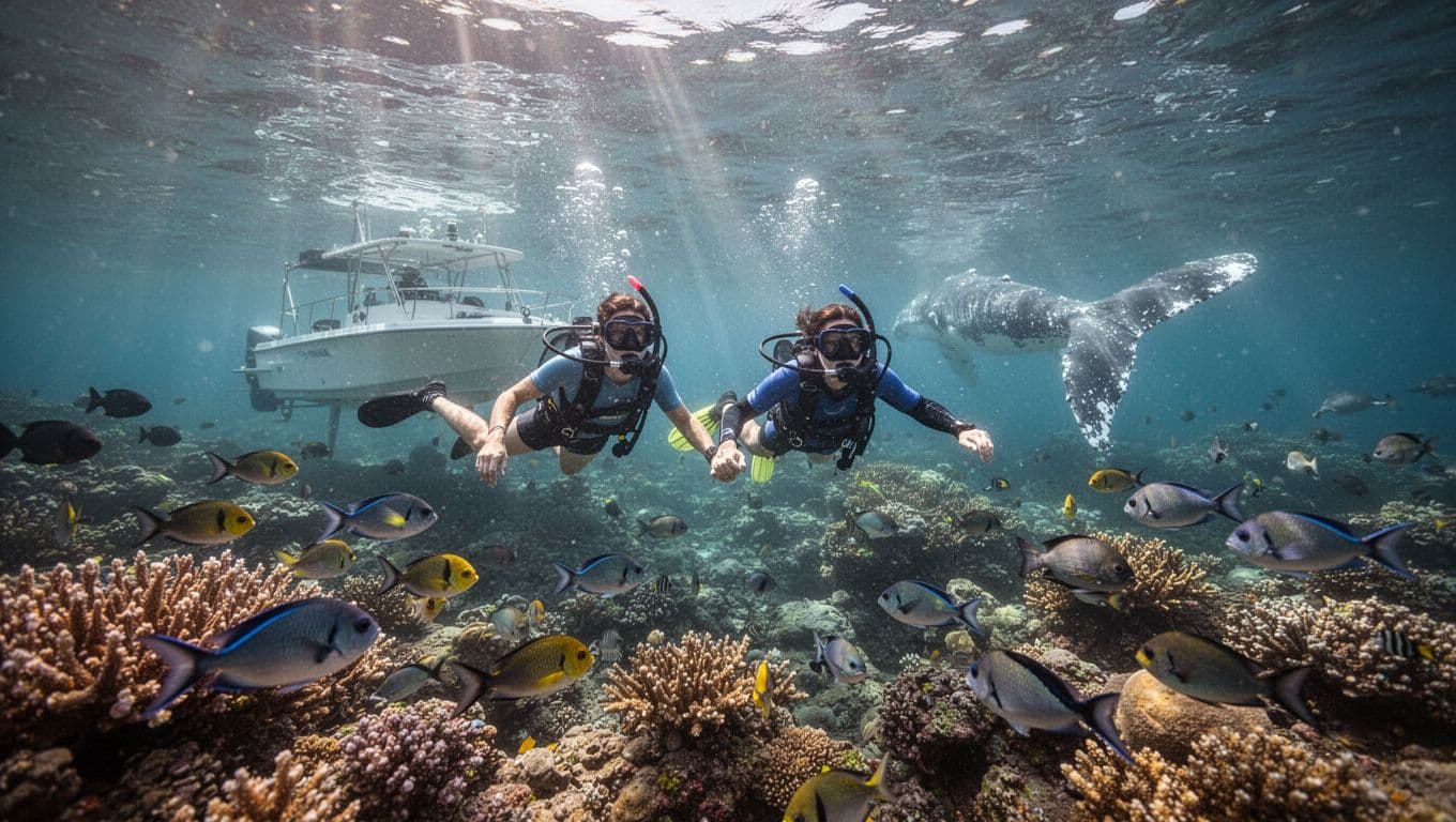 Three snorkelers near boat in clear waters off Kona coast above coral reefs, tropical fish, and distant whale tail.