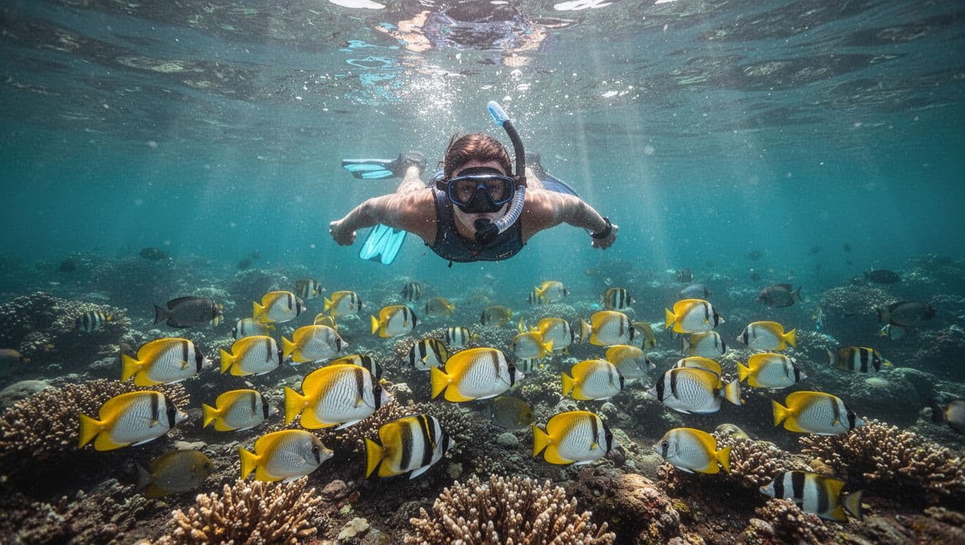 A snorkeler floats face down in exceptionally clear turquoise ocean water off Kona, Hawaii's Big Island coast after rain, with vibrant coral reef and schools of colorful tropical fish visible below, illuminated by sunlight god rays.