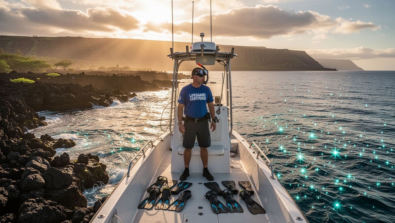 A snorkeling boat with gear and one guide heads toward a volcanic Hawaiian coastline.