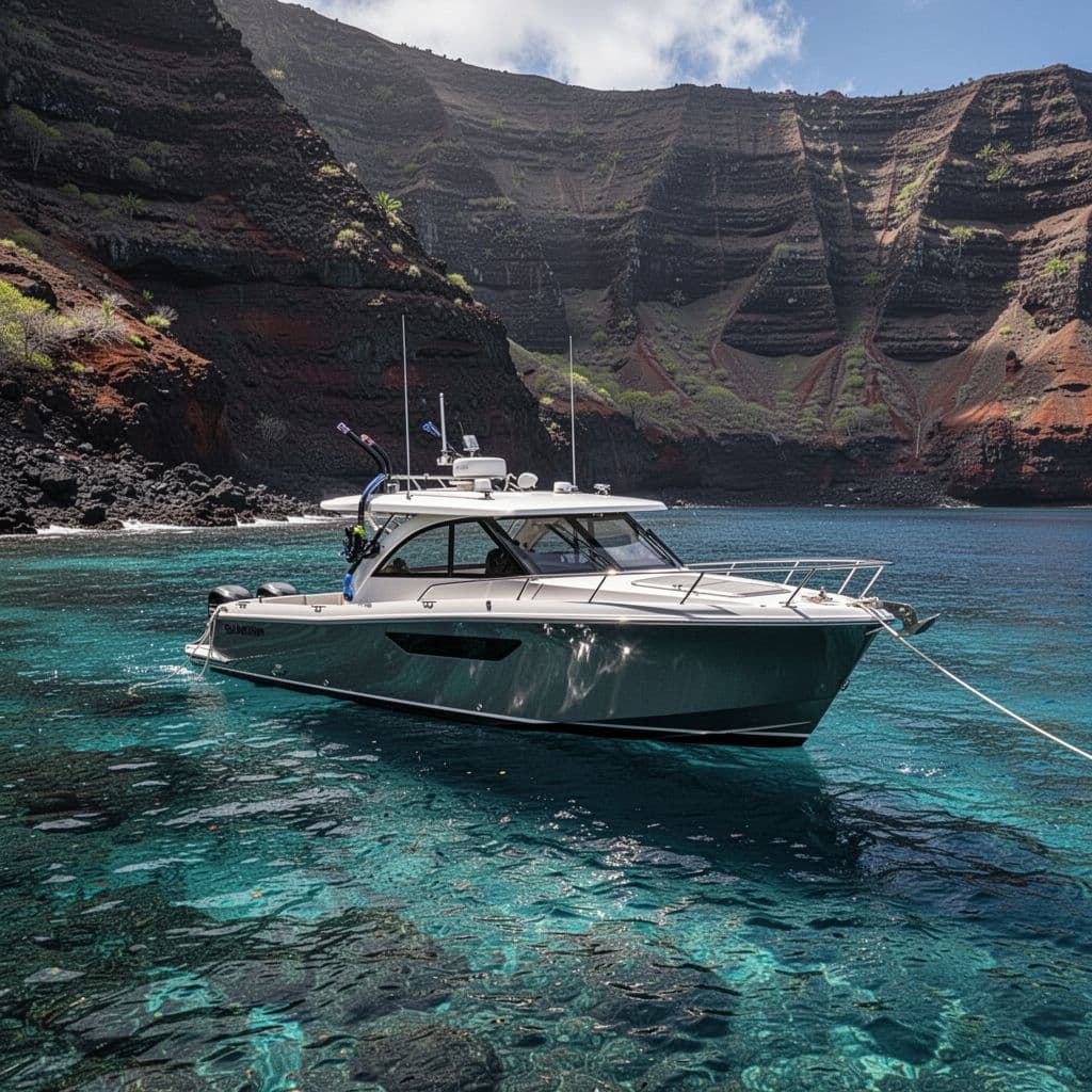 A modern snorkel boat sits docked in clear turquoise water beneath towering volcanic cliffs.
