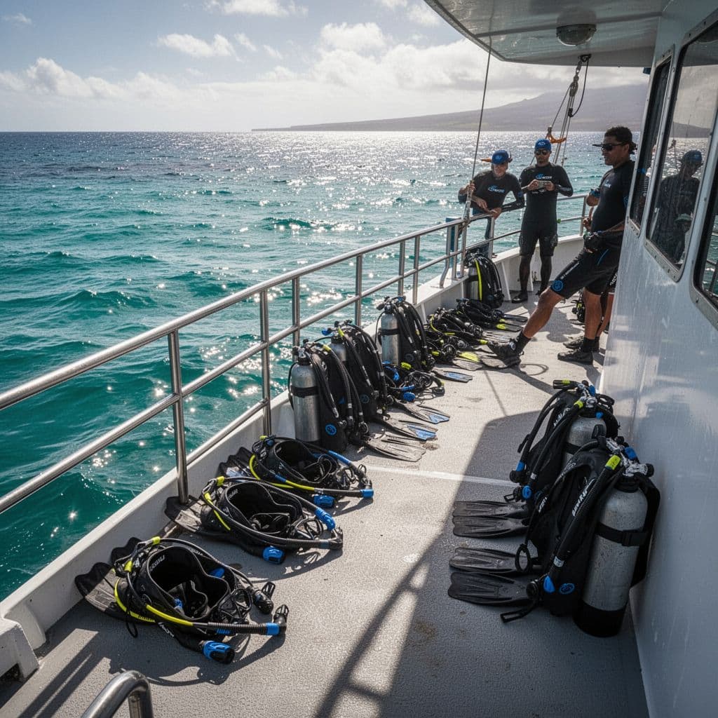 Snorkeling equipment sits on a boat deck overlooking the clear turquoise waters of Kona.